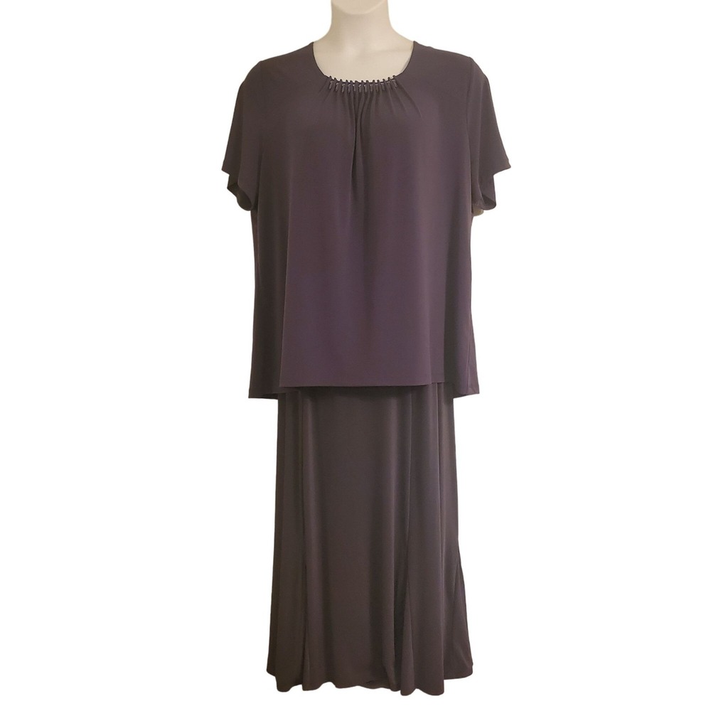Maggie Barnes 1X Gray Slinky Liquid Knit Top‎ Skirt 2 Pc Set Formal Mother Bride